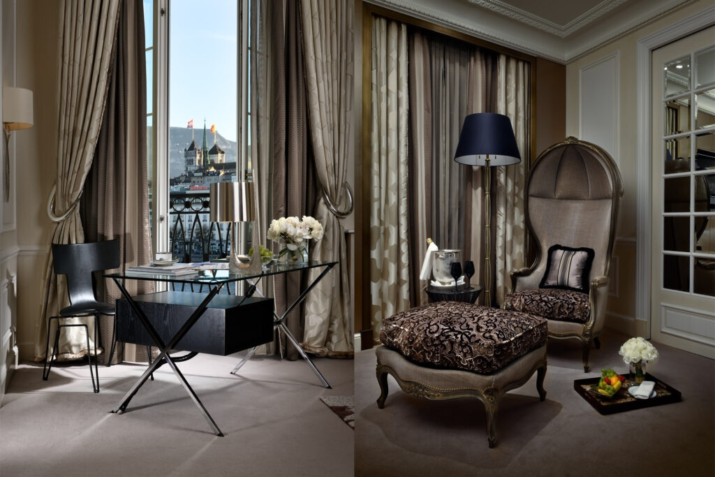 Four Seasons Hotel des Bergues Lake View Suite Office and Bedroom sitting 
